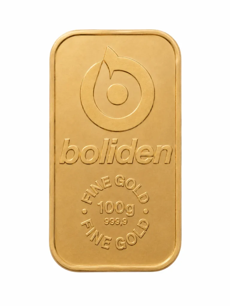 Cirkulerad Boliden guldtacka 100 gram 999,9 fint guld – framsida