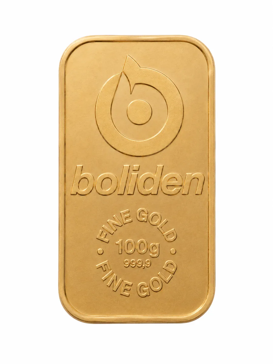 Cirkulerad Boliden guldtacka 100 gram 999,9 fint guld – framsida