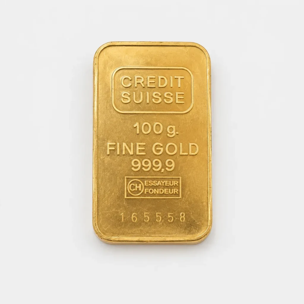 Credit Suisse guldtacka 100 gram 999,9 cirkulerad – framsida