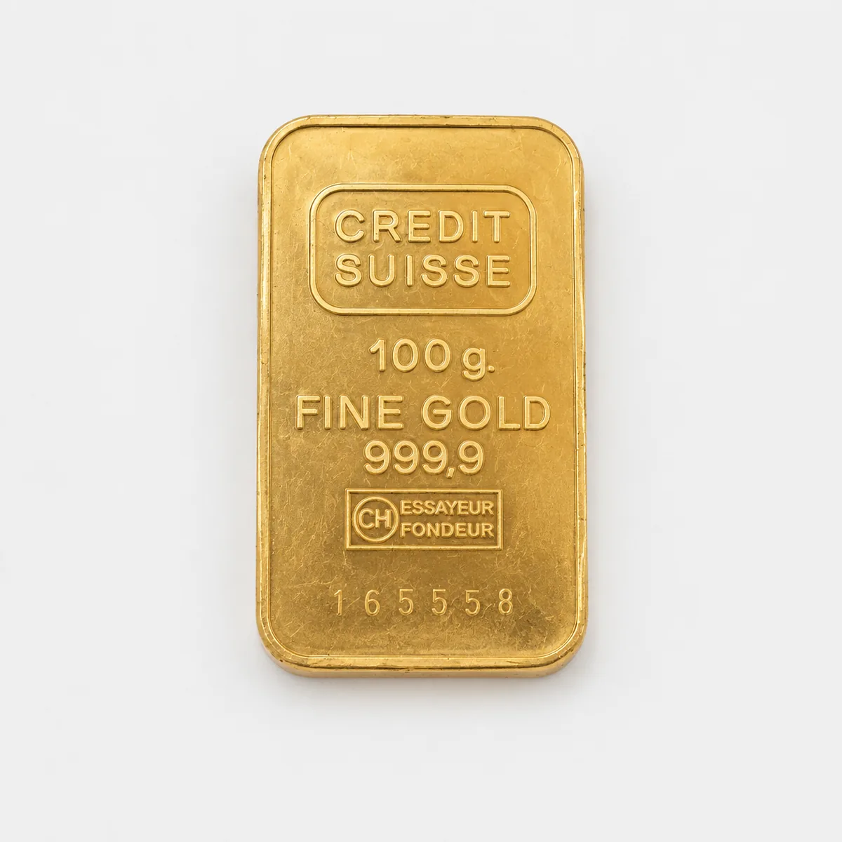 Credit Suisse guldtacka 100 gram 999,9 cirkulerad – framsida