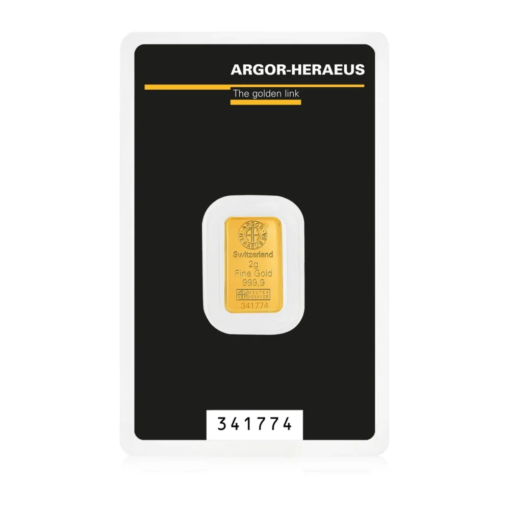 2 gram Argor-Heraeus kinebar guldtacka - Guldexperten