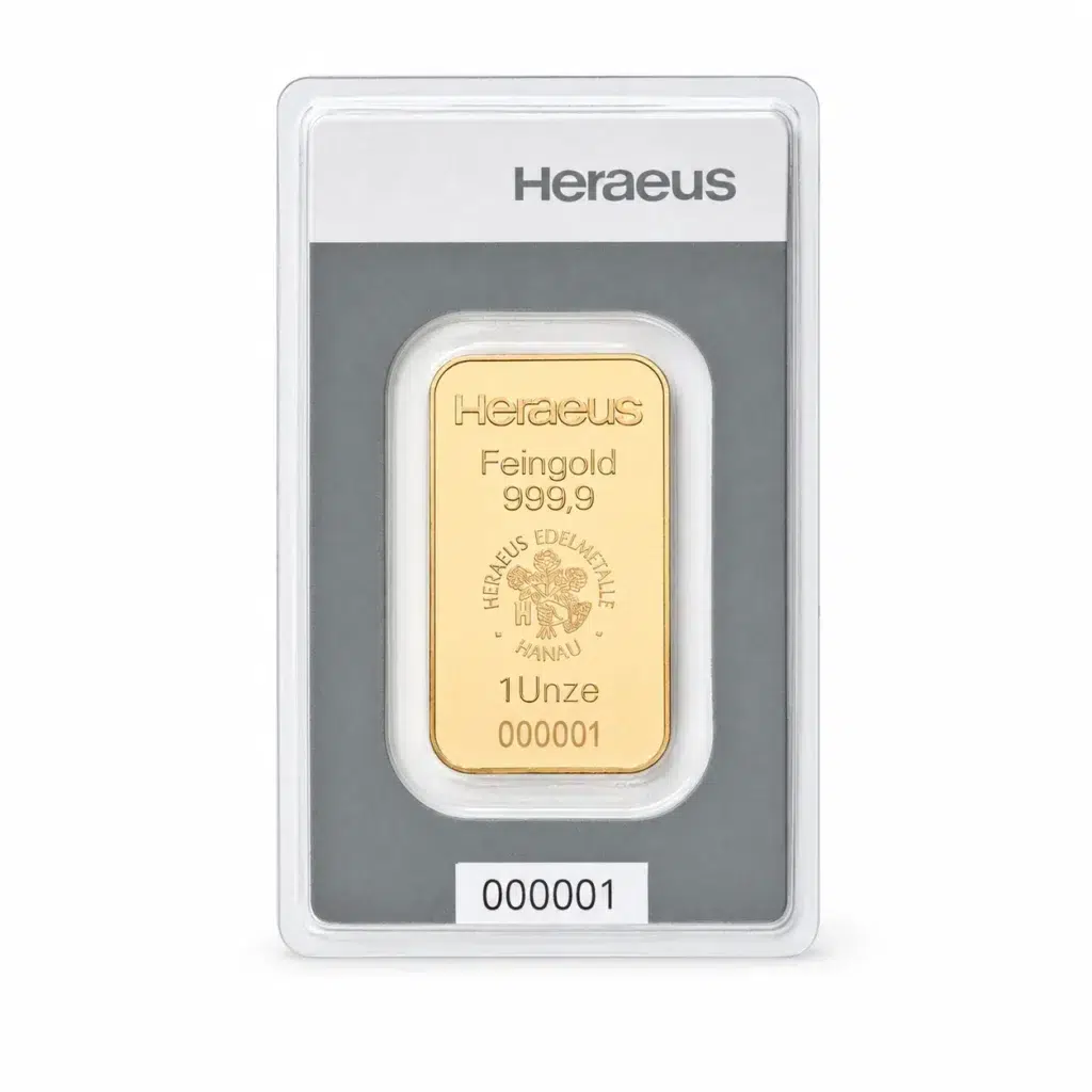 1 oz Heraeus guldtacka framsida i originalförpackning
