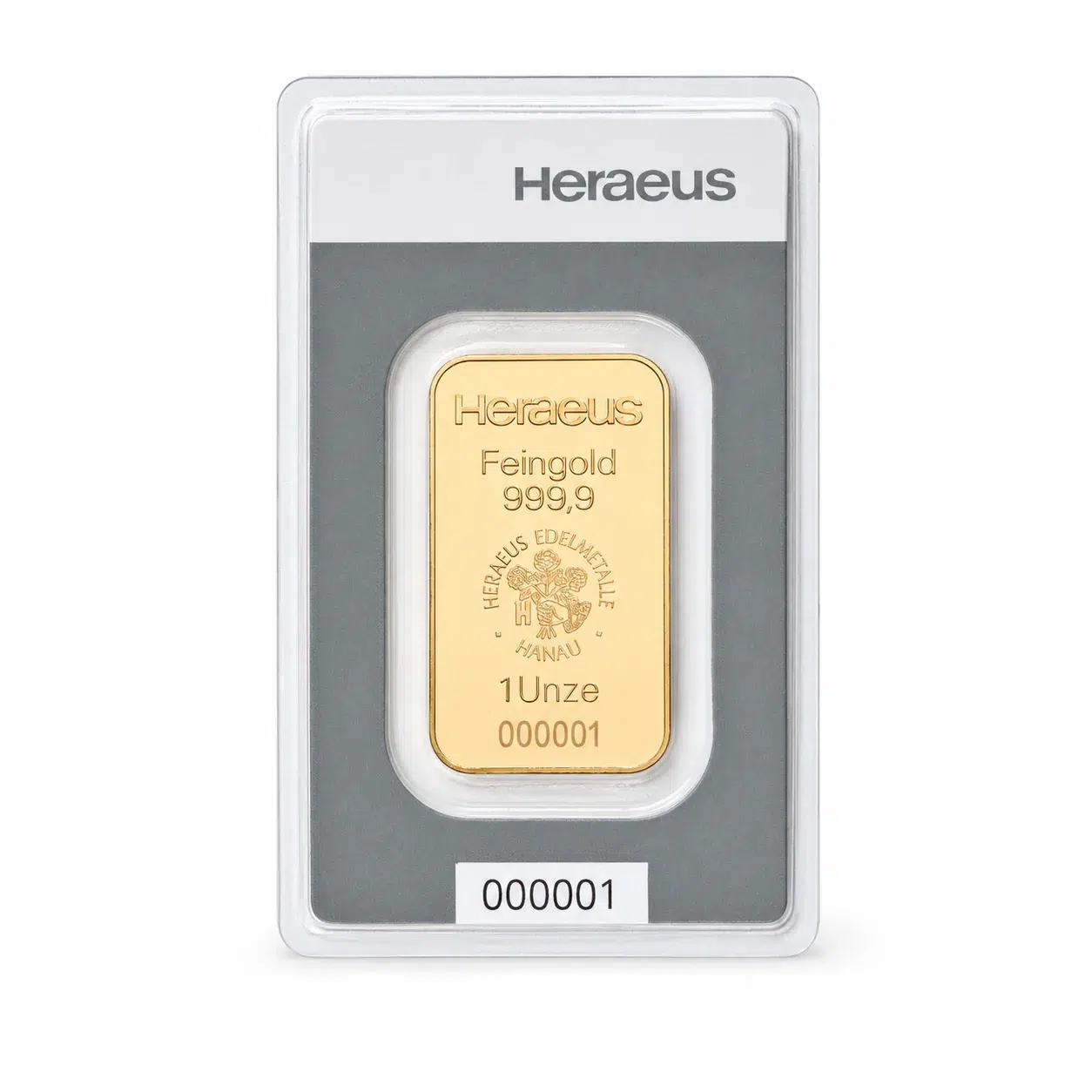 1 oz Heraeus guldtacka framsida i originalförpackning