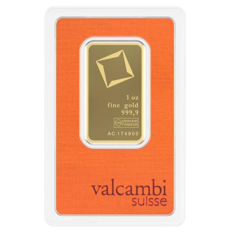 1 oz Valcambi Suisse guldtacka 999,9 guld framsida.