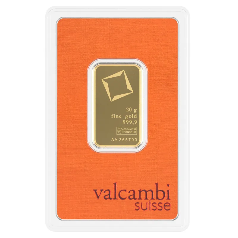 20 g Valcambi Suisse guldtacka 999,9 – framsida