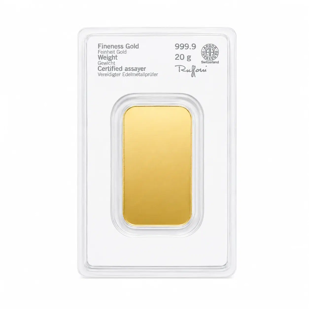 20 g Heraeus guldtacka 999,9 – baksida
