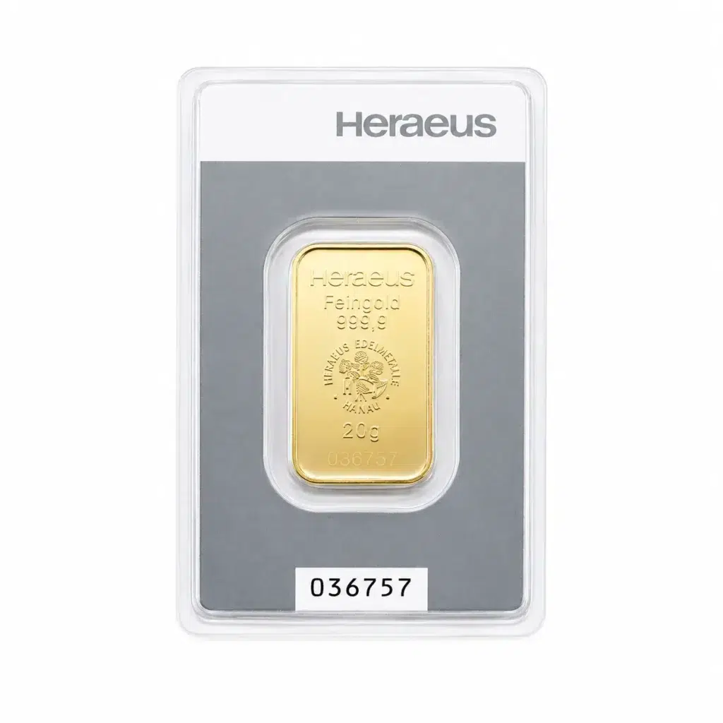 20 g Heraeus guldtacka 999,9 – baksida