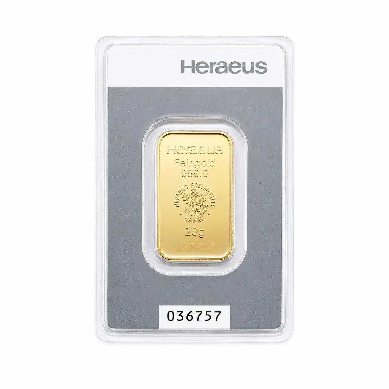 20 g Heraeus guldtacka 999,9 – baksida