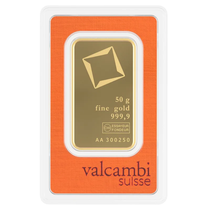 50 gram Valcambi Suisse guldtacka 999,9 guld framsida