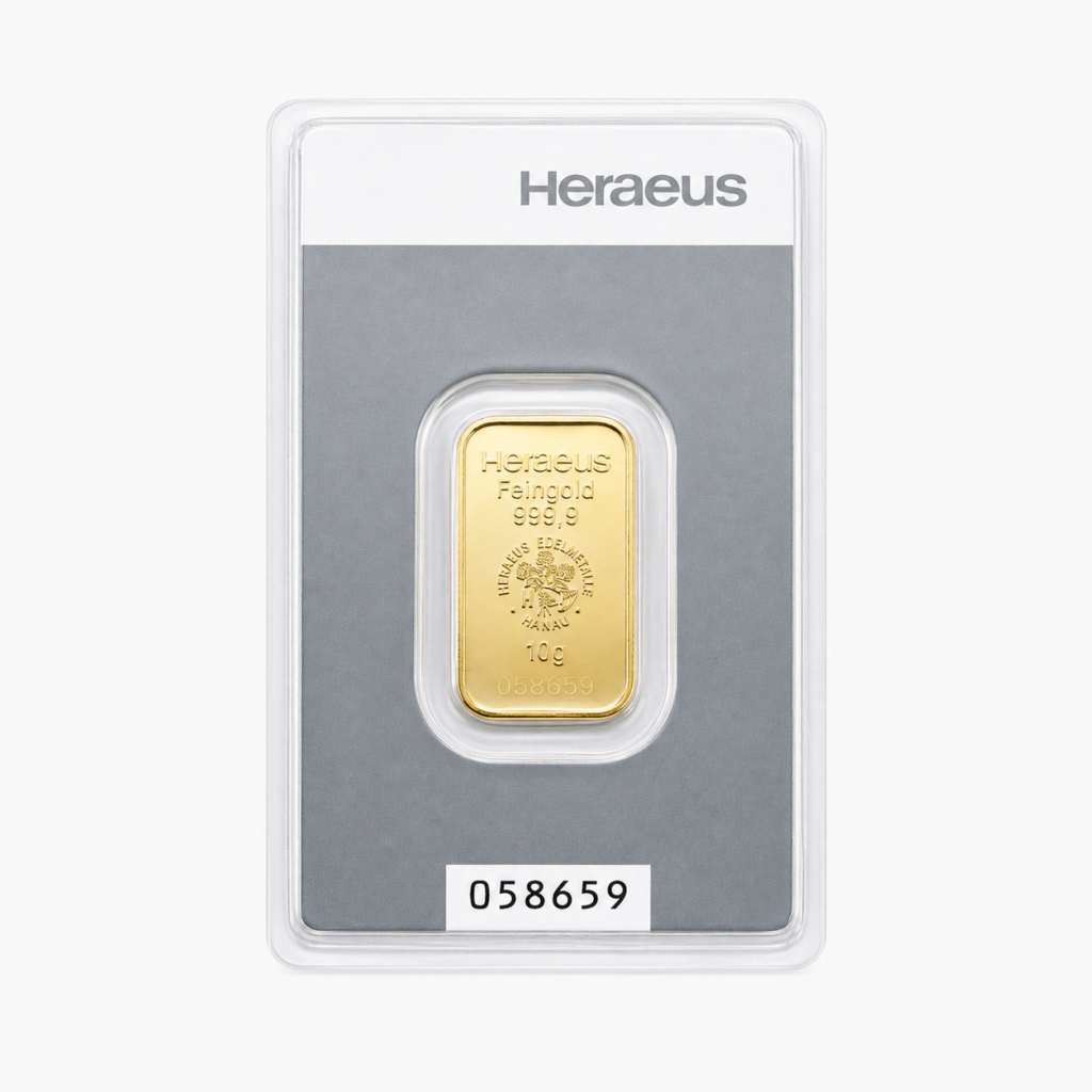 10 g Heraeus guldtacka 999,9 – framsida
