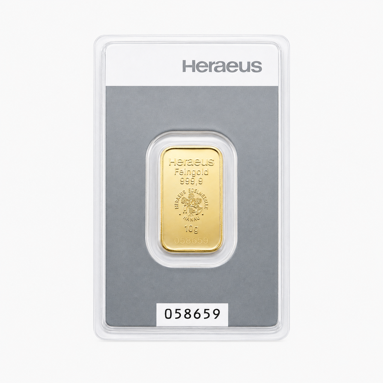 10 g Heraeus guldtacka 999,9 – framsida