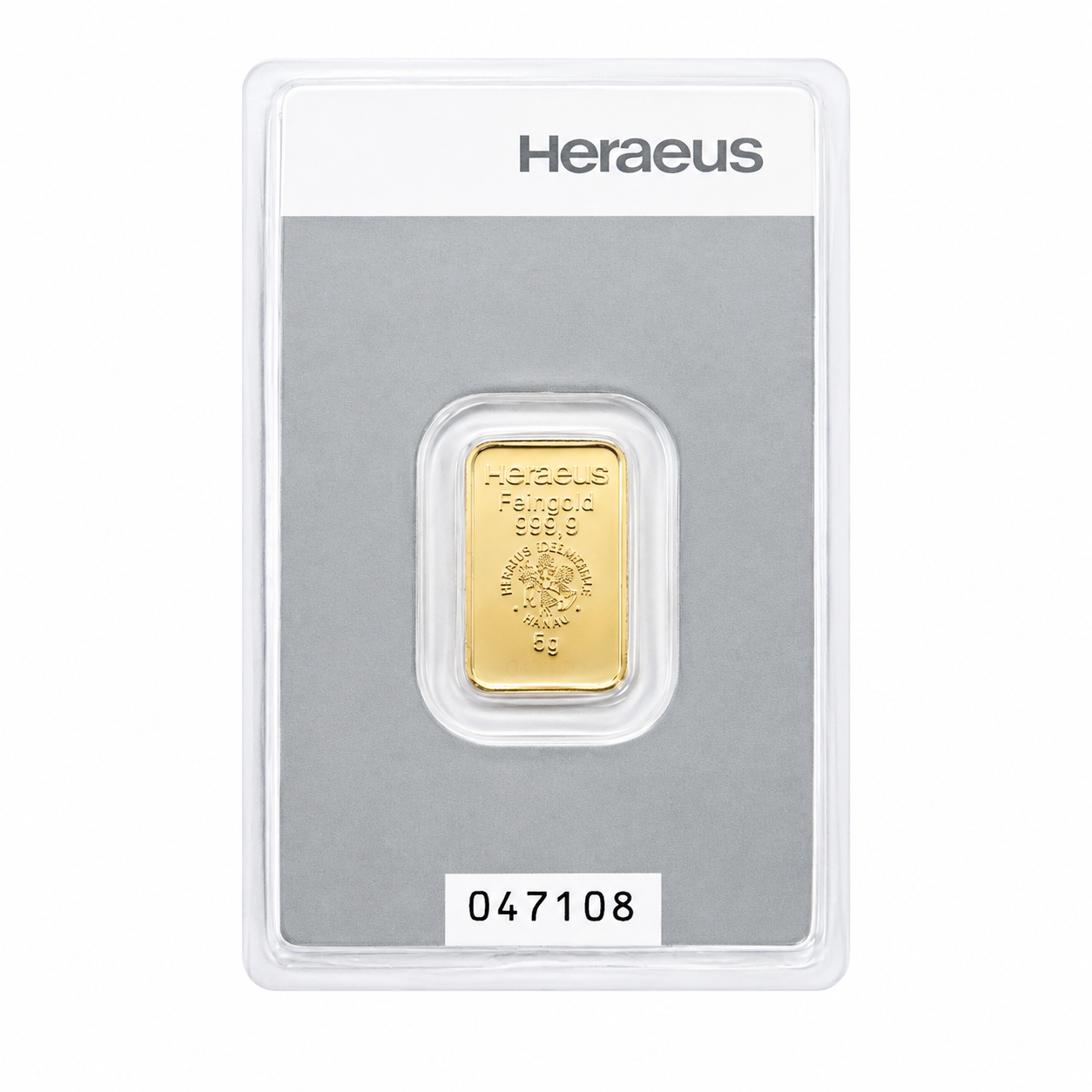 5 g Heraeus guldtacka 999,9 – framsida
