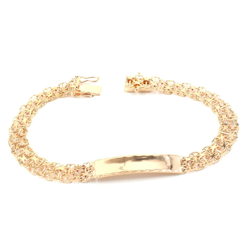 X-länk armband med stavar och bricka i 18k guld. vikt: 13,35g